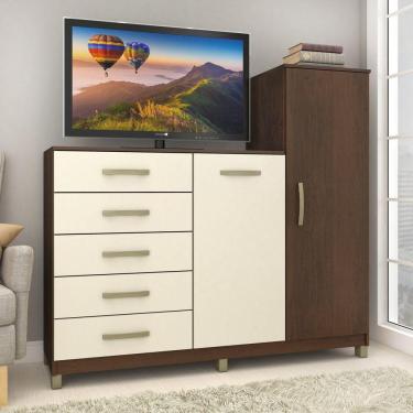 Imagem de Cômoda 2 Portas 5 Gavetas com Cabideiro e Pés Chicago Rústico/Champagne