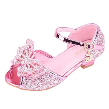 Imagem de Sandálias bege para meninas tamanho 6 sapatos infantis com diamante brilhante sandálias princesa laço sandália infantil menina, Rosa, 4.5 Big Kid