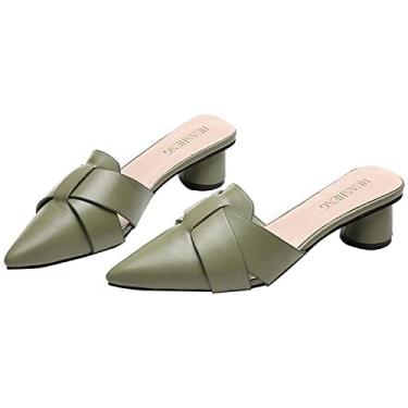 Imagem de Sandálias femininas de salto fino de couro PU salto bloco entrelaçado mules caminhada confortável sapatos sociais, Verde, 36