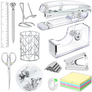 Imagem de Acessórios de mesa de escritório, grampeador de acrílico, removedor de grampos, suporte de fita, suporte de caneta, caneta esferográfica, tesoura, clipes de fichário, 1000 grampos de grampo, suporte de telefone, régua, cola transparente e 300 notas
