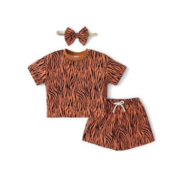 Imagem de PATPAT Conjunto de shorts de verão para meninas, camiseta de leopardo, 2 peças, roupas com bolsos, faixa de cabeça de 2 a 6 anos, Marrom tigre, 5-6 Anos