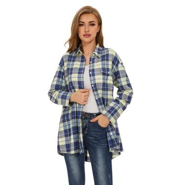 Imagem de Camisa de flanela xadrez clássica casual abotoada manga longa abotoada camisa de flanela de algodão tamanho grande para mulheres, Cobalto, G