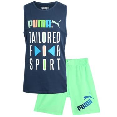 Imagem de PUMA Conjunto de natação para meninos – Calção de banho com camiseta básica de manga curta combinando – Conjunto de roupa de banho para meninos grandes (P-GG), Verde neon/jeans escuro, GG