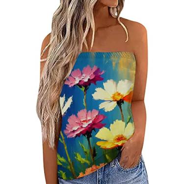 Imagem de Camiseta feminina de verão frente única sexy com estampa floral Boho sem mangas para praia, Azul, P