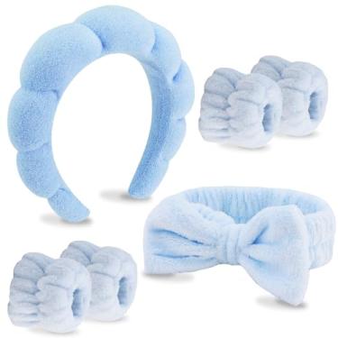 Imagem de VELSCRUN Pacote com 6 faixas de cabelo de spa, faixa de maquiagem para lavar o rosto, faixas para cuidados com a pele, faixa de cabelo com esponja azul, faixa de cabeça de spa para lavar o rosto