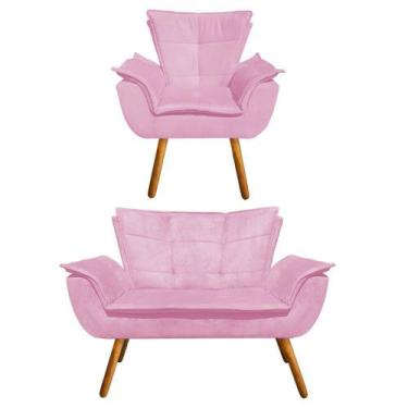 Imagem de Kit Sofá Retrô Namoradeira e 01 Poltrona Opala Suede Rosa Bebê - D'Ros