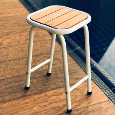 Imagem de Banquinho De Aço E Madeira Tamborete Branco Altura 46 Cm - Metalcromo