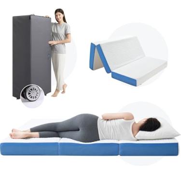 Imagem de Jamdok Colchão Queen de 15 cm com três dobras, bolsa de armazenamento equipada com rodas, colchão de espuma viscoelástica de gel, capa lavável, tapete dobrável para hóspedes, trailer, portátil (203 cm