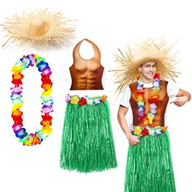 Imagem de Yahenda Pacote com 4 fantasias havaianas para meninos, incluindo saias de hula com colete muscular de festa havaiana, chapéu de palha havaiano e grinalda, acessórios de festa havaianos (verde), Verde,