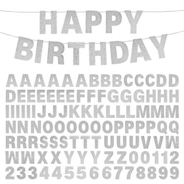 Imagem de Kit de banner DIY com letras de glitter letras prateadas personalizáveis banners de aniversário faixa de formatura faixa de pendurar festa personalizada para decoração de festa de formatura de casamento e chá de bebê (prata)