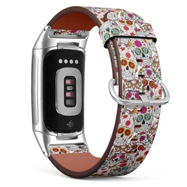 Imagem de Pulseira de relógio de couro de substituição para Fitbit Charge 5/Fitbit Charge 6 (Halloween Sugar Skulls) Pulseira para Smartwatch para mulheres e homens