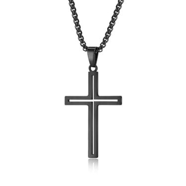 Imagem de Aprila Colar masculino de cruz, colar com pingente preto de aço inoxidável, joia cristã, corrente de rolo de 60 cm, Sem Pedra Preciosa
