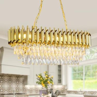 Imagem de AKDXIRUN Lustres De Cristal Dourados Modernos Para Sala De Jantar, Lustre Retangular De Cristal Com 8 Lâmpadas, Luminária Pendente Linear Oval Contemporânea Para Cozinha, Ilha, Bar, Restaurante, 32