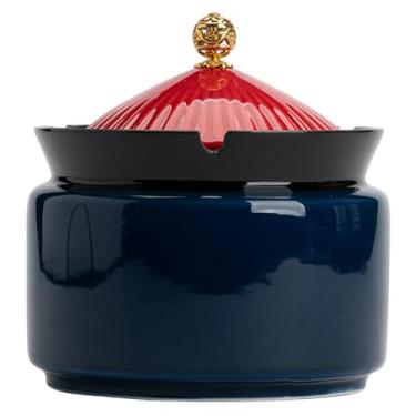 Imagem de Cinzeiros de mesa retro de cerâmica cinzeiro de mesa vintage com tampa criatividade à prova de vento para fumar para uso doméstico escritório ornamentos (tamanho: Azul)