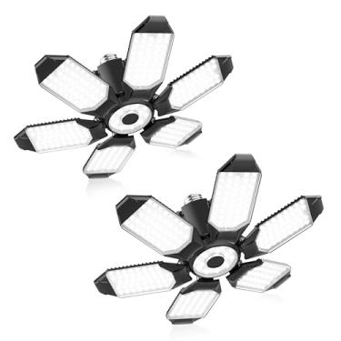 Imagem de Lâmpada de garagem Luzes de garagem de LED deformáveis 100W 10000LM 6500K Super Bright Garagem Iluminação Loja com 5 painéis ajustáveis e painel central E26/E27 Luzes de teto para porão de garagem - Pacote com 2