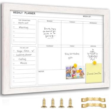 Imagem de Marribol Calendário semanal de quadro branco apagável a seco para parede - 40,6 cm x 30,5 cm, moldura de madeira maciça branca, design minimalista/moderno, agenda de quadro branco magnético para lista