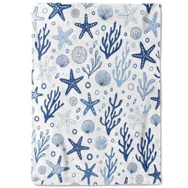 Imagem de coedoaes Cobertor náutico de lã coral, estrela do mar, 127 x 152 cm, elementos do oceano com concha azul, cobertores brancos de praia costeira, macio, aconchegante, leve, ideal para cama, sala de