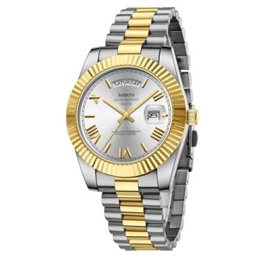 Imagem de NIBOSI Relógio masculino analógico, quartzo, aço inoxidável, ouro rosa, prata, à prova d'água, negócios, design clássico, com data, A10 - ouro e prata