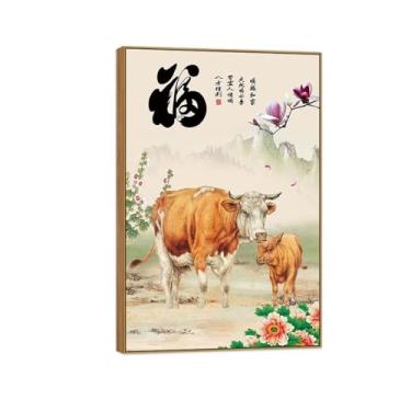 Imagem de BMZFYBS Imagens de paisagem-Chinoiserie pintura de parede em tela - flores de montanha bois - pôster natureza moldura de madeira impressões para decoração de sala de estar 60 x 90 cm 24 x 35 pol