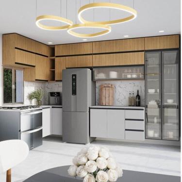 Imagem de Cozinha Modulada 15 Peças 11 Aéreos 3 Balcões 1 Cristaleira Nara Cabecasa Madeiramadeira Avena/Cinza Claro