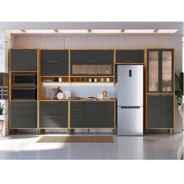 Imagem de Cozinha Modulada Completa 7 Peças 14 Pts e Vidro Reflecta 429cm 100% MDF Vicenza Espresso Móveis Amêndoa/Cinza
