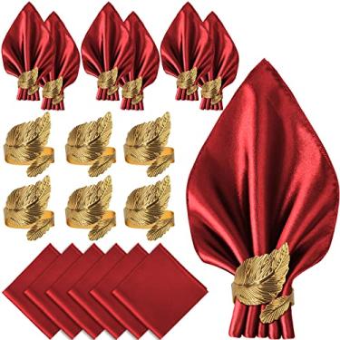 Imagem de Vijiv Pacote Com 12 Guardanapos De Pano E Anéis Guardanapo Dourados, Conjunto 6, 17 X Quadrados, Folhas Cetim Para Mesa Jantar, Chá Panela Personalizado Festa Recepção Casamento, Decoração