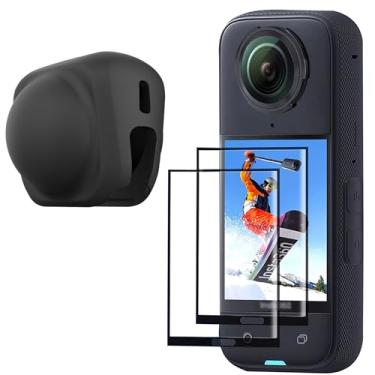 Imagem de FiTSTILL Kit de acessórios de proteção para Insta 360 X5/X4, protetor de tela de vidro temperado + tampa de lente de borracha, 2 peças protetoras de tela Ultra HD para câmera insta360 X5/X4, dureza 9H