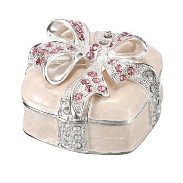 Imagem de ELLDOO Mini caixa de bugigangas, caixa de presente de laço estilo caixa de joias articulada vintage metal esmaltado caixa decorativa brincos organizador de joias caixa de presente quadrada para