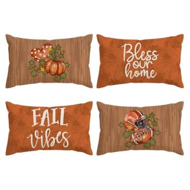 Imagem de ZAEW Capas de almofada de outono aquarela madeira abóboras futebol amor coração folhas de bordo conjunto de 4 decorações de outono para casa de fazenda sofá sofá decoração de férias ao ar livre 12x20