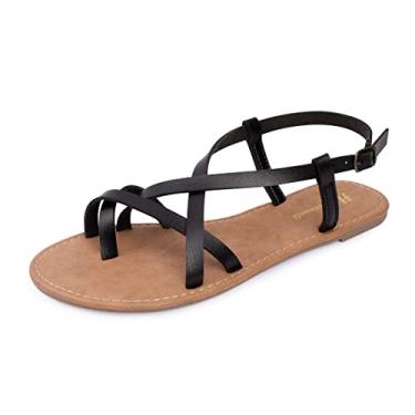 Imagem de Sandália feminina gladiadora rasteira pescador com tiras e tira no tornozelo, Preto novo, 38