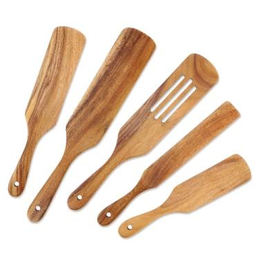 Imagem de Utensílios de cozinha de madeira, conjunto de spurtles de madeira, conjunto de 5 peças de utensílios de cozinha de teca natural resistente ao calor, panelas de madeira antiaderentes, conjunto de espátulas ranhuradas para misturar e servir