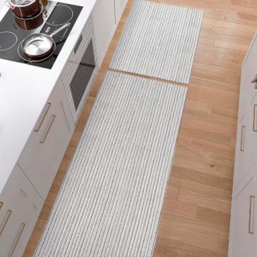 Imagem de Tapete Kit de Cozinha Antiderrapante Minimalista Jogo Passadeira 1,30m x 45cm Capacho 65cm x 45cm Conjunto Artesanal 100% Algodão Listrado Rústico Cru Tons Neutros