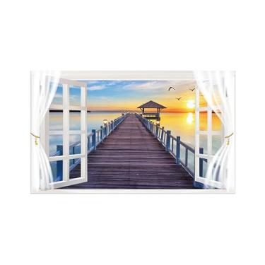 Imagem de Paisagem Impressões em Tela-Ponte Mar Sol-Janela Falsa Quadro de Parede-Natureza Pintura para Decoração Banheiro 30x50cm Sem Moldura