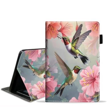 Imagem de BXIKEOPIU Capa para tablet Amazon Kindle Fire 7 (tela de 7 polegadas, 12ª geração, versão 2022), capa fólio fina de couro PU com compartimento para cartão e hibernação automática, flores de beija-flor