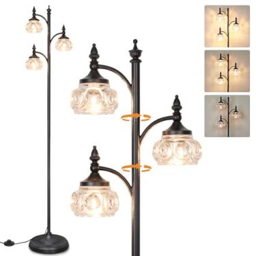 Imagem de JUNNAI Candeeiro de chão preto para sala de estar, luminária de pé alta regulável com 3 luzes giratórias, cúpula de vidro, lâmpada de canto moderna de 167 cm para quarto e escritório (3 lâmpadas LED