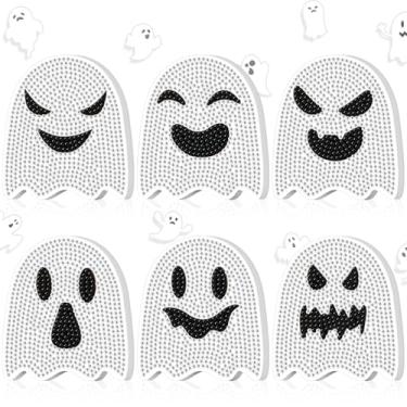Imagem de Xuhal 9 peças de decoração de mesa de arte de diamante Halloween fantasma kits de pintura de diamante para adultos de madeira branco fantasma centros de mesa para presente de mesa DIY artesanato