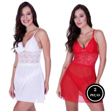 Imagem de Kit 2 Camisola sem Bojo com Detalhe Renda Calcinha Tule Transparente -