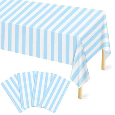 Imagem de Mulbozy Pacote com 4 toalhas de mesa de plástico descartáveis, 137 × 272 cm, azul claro e branco, capa de mesa de plástico vermelho para carnaval, noite de cinema, aniversário, Halloween, festa de