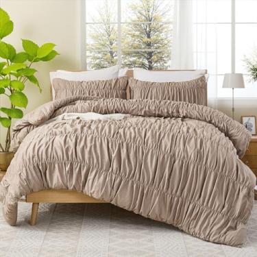 Imagem de Bedbay Conjunto de edredom boêmio, tamanho queen, shabby chique, franzido, 100% algodão, durável, fofo, 3 peças, vintage, babados, cinza-acastanhado, 1 edredom e 2 fronhas