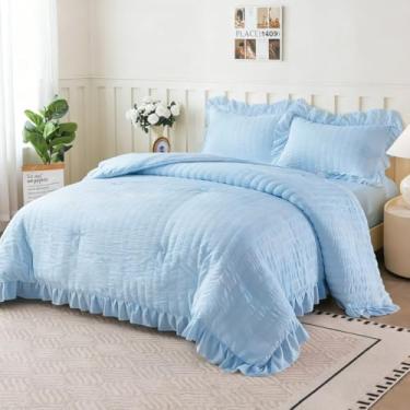 Imagem de NTBED Conjunto de edredom Seersucker para meninas e crianças, macio e chique, cama de princesa em uma bolsa (azul, solteiro)