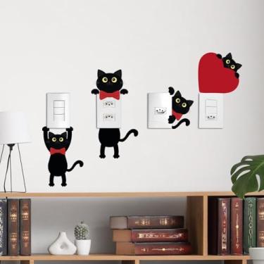 Imagem de Adesivo para Tomada Gatos 02 Pretos com Gravata Kit 4 para Interruptor e Tomada Decoração de Parede Quarto Sala Cozinha Fácil Aplicação Charmoso