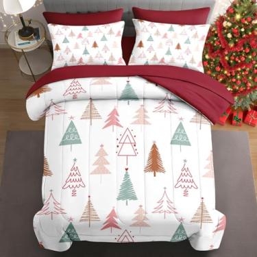 Imagem de WeCozy Jogo de edredom de Natal King Size com 2 fronhas e 2 fronhas, árvores coloridas e desenho animado para crianças e adultos, cama rústica de floresta em um saco com lençol de cima