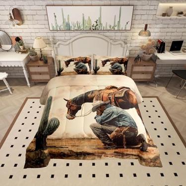 Imagem de Manfei Jogo de edredom queen com cavalo ocidental, cacto do deserto do sudoeste, para crianças, meninos, estilo casa de fazenda rústico, conjunto de edredom para decoração de quarto, 2 fronhas, bege e
