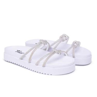 Imagem de Sandália Papete Feminina Macia Moda Tiras Strass Brilho Solado Anatômi