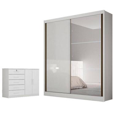 Imagem de Guarda Roupa Solteiro Dante com Nicho e Espelho e Cômoda Seul Neve - Novo Horizonte