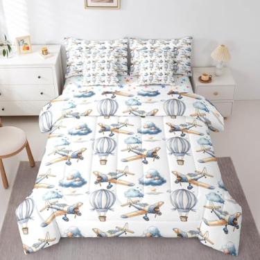 Imagem de Conjunto de edredom Queen com balões de ar quente, 7 peças, avião, avião, avião, para meninos e meninas, com desenho animado de estrelas e nuvens (edredom + lençol de cima + 2 fronhas + 2 capas de