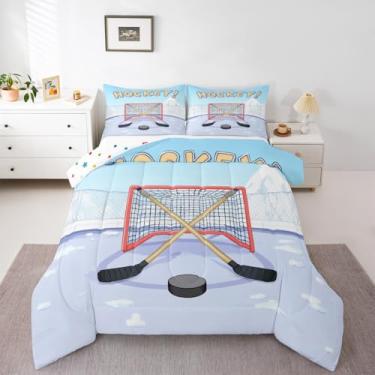 Imagem de Jogo de cama solteiro com estampa de jogador de hóquei no gelo, jogo de bola com estampa de jogador de hóquei, para crianças, meninas, meninos, esportes de inverno, para decoração de quarto infantil