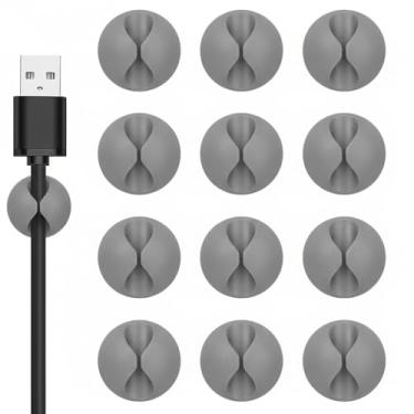 Imagem de Suporte de cabo, clipes de cabo, 12 peças, organizador de cordão adesivo cinza, suporte de carregador para mesa de cabeceira, mesa, escritório ou mouse