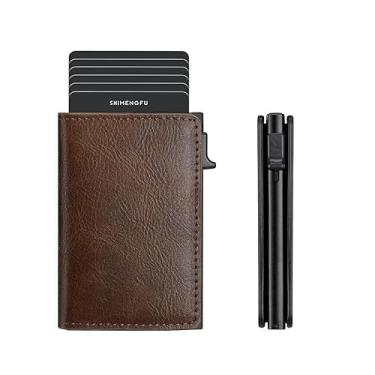 Imagem de Carteira masculina com bolso para moedas com zíper e porta-cartões de crédito de metal pop-up automático, minimalista blindada por RFID, Café, Clássicos