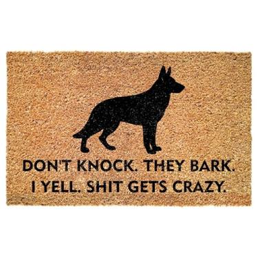 Imagem de Tapete de entrada engraçado pastor alemão - Don't Knock They Bark I Yell Shit Gets Crazy - Citação ousada para varanda - Pátio - Decoração interna - Tapete antiderrapante durável - Donos de animais de